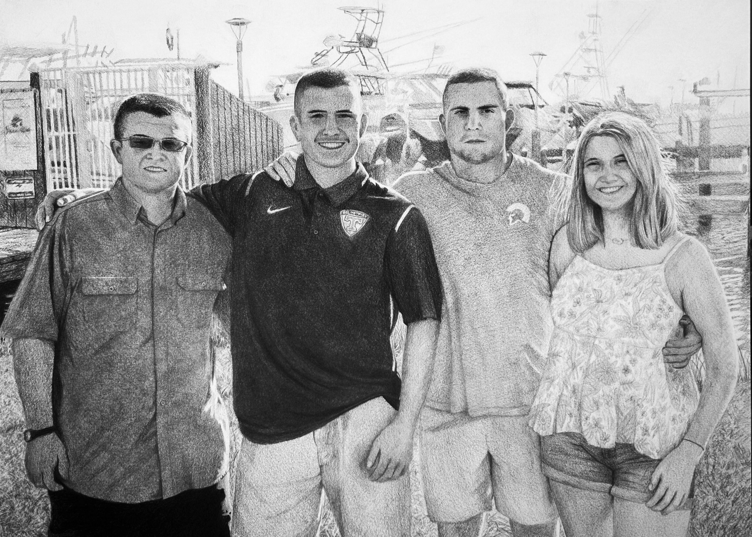 Graphite portrait drawing of four people standing together at a marina