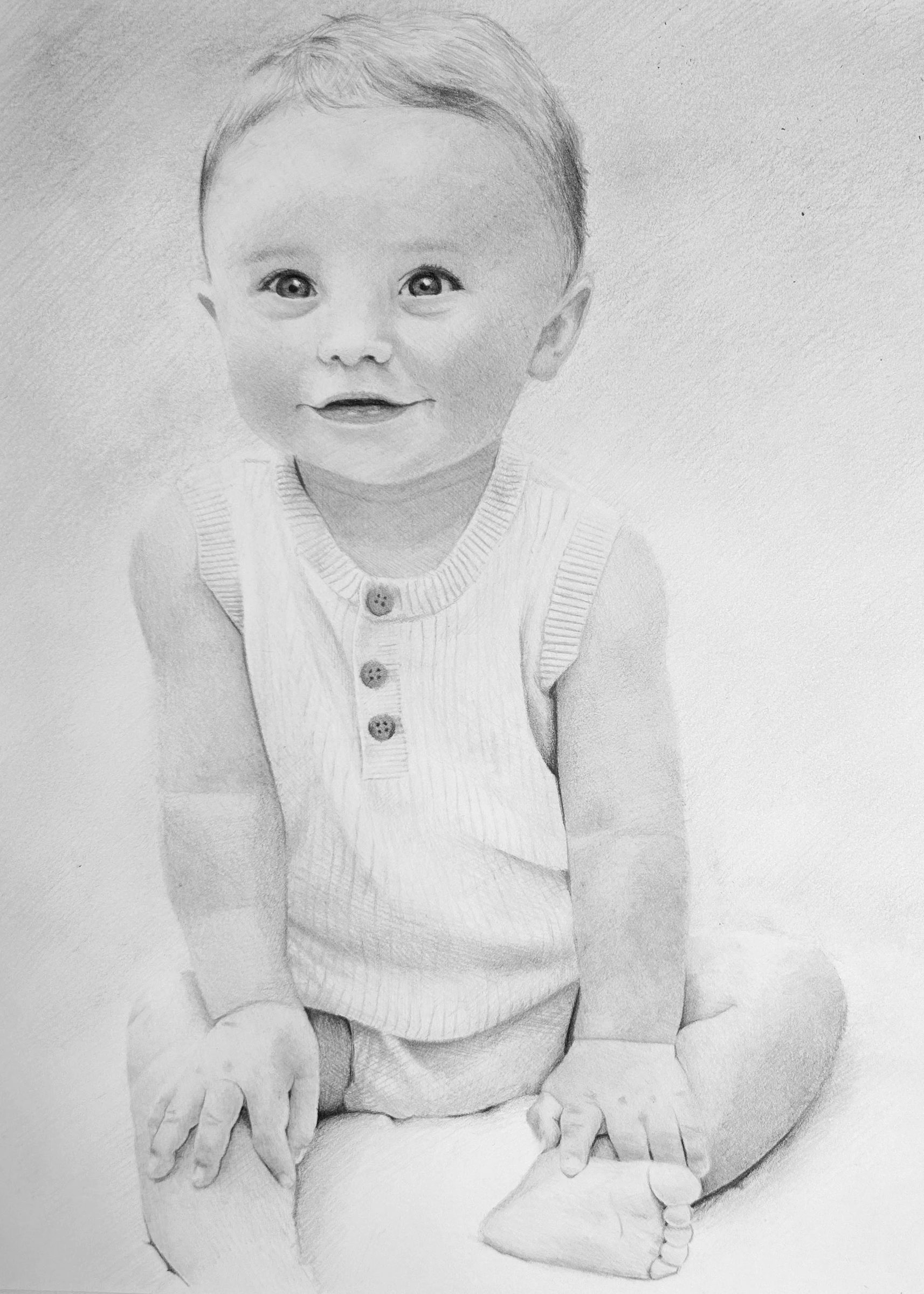 Graphite portrait drawing of a baby sitting in a button-front romper